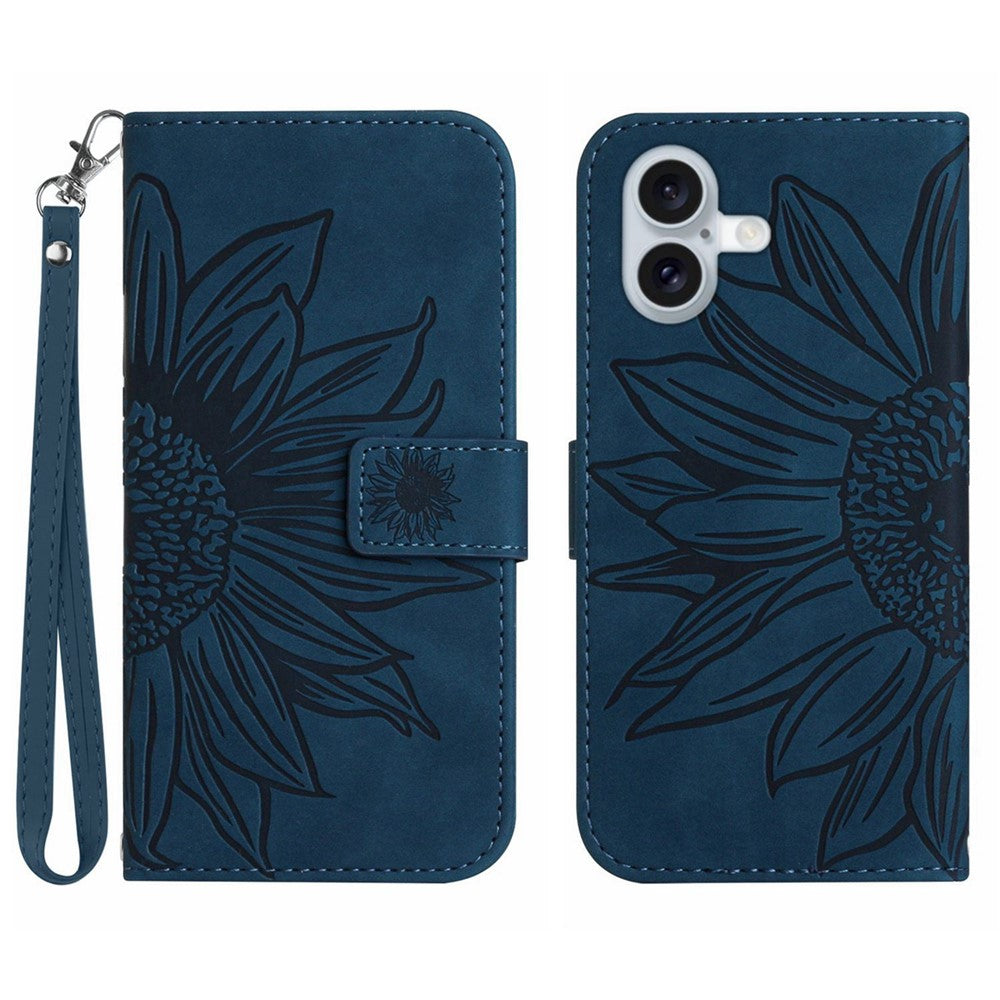 For iPhone 17 Case Sunflower Imprint Leather Wallet Phone Cover with Wrist Strap