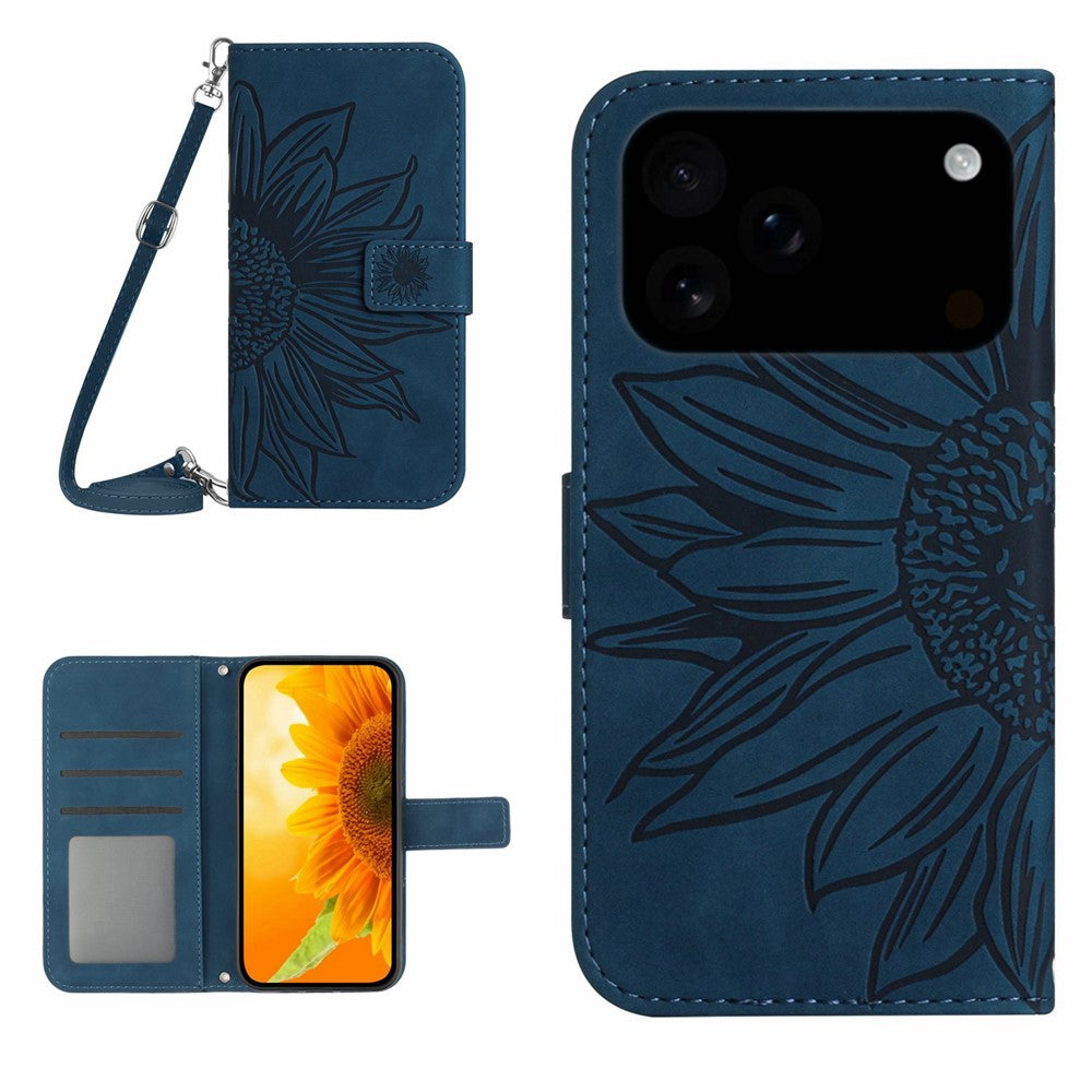 For iPhone 17 Pro Max Case Sunflower Imprint PU Leather Phone Cover with Long Strap