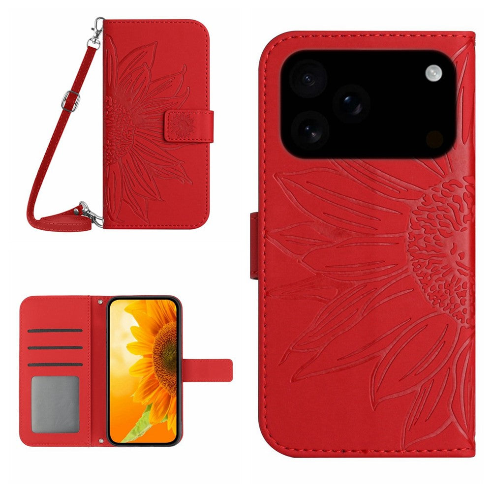 For iPhone 17 Pro Max Case Sunflower Imprint PU Leather Phone Cover with Long Strap