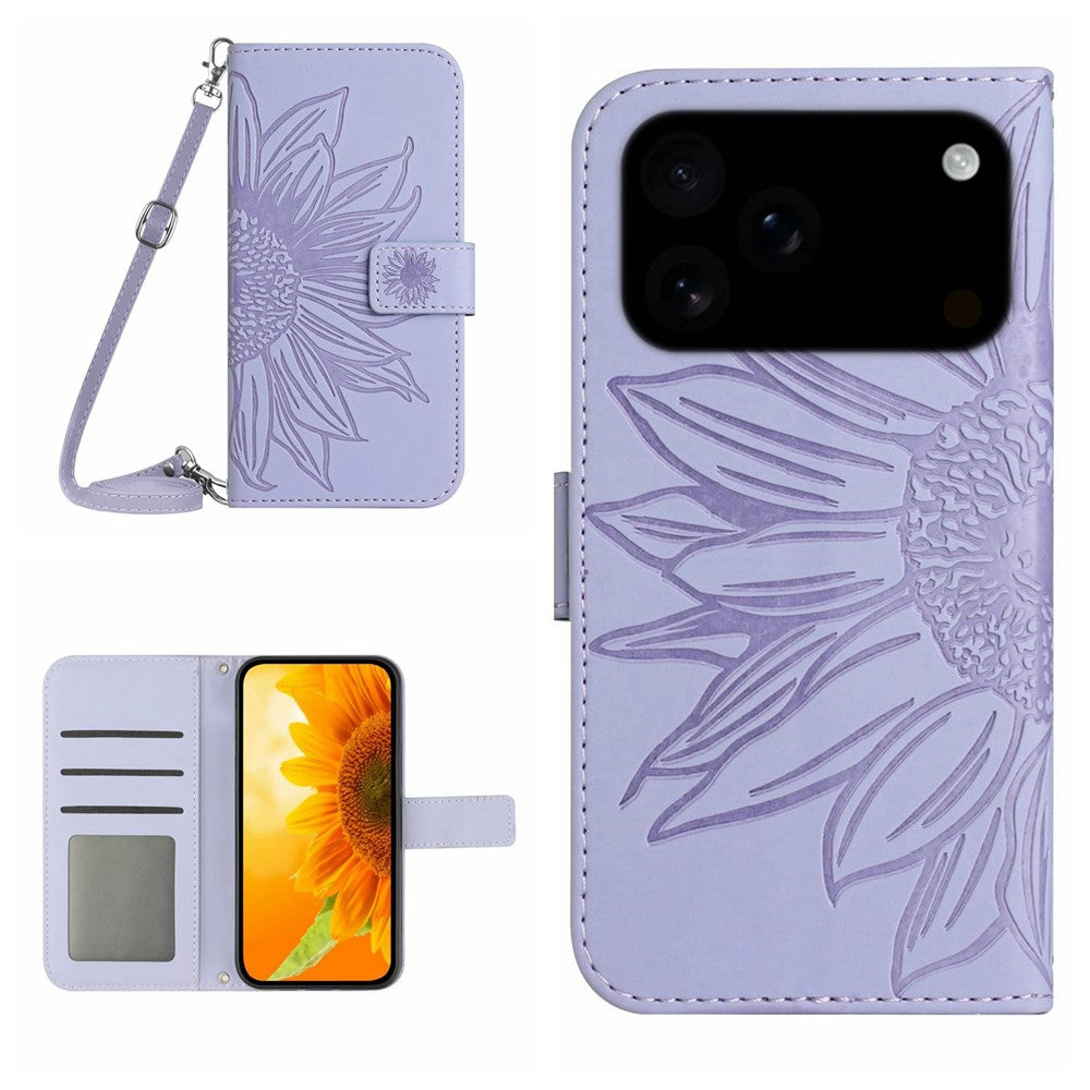 For iPhone 17 Pro Max Case Sunflower Imprint PU Leather Phone Cover with Long Strap