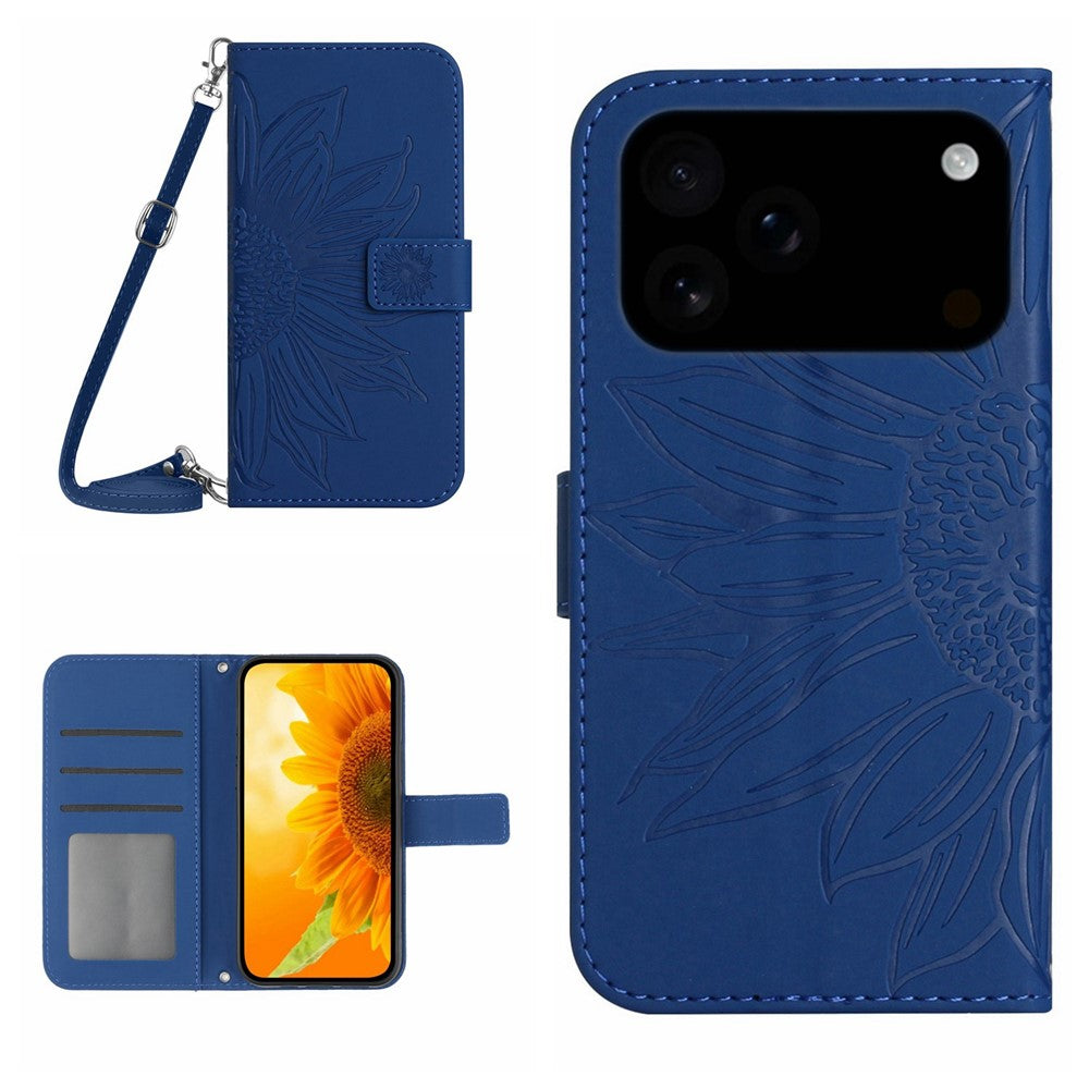For iPhone 17 Pro Max Case Sunflower Imprint PU Leather Phone Cover with Long Strap