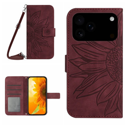 For iPhone 17 Pro Max Case Sunflower Imprint PU Leather Phone Cover with Long Strap