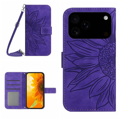 For iPhone 17 Pro Max Case Sunflower Imprint PU Leather Phone Cover with Long Strap