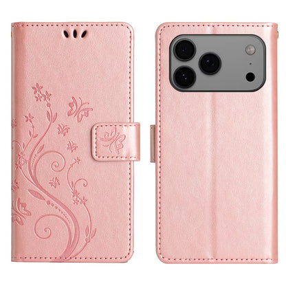 For iPhone 17 Pro Max Leather Wallet Case Butterfly Flower Imprinted Phone Cover with Strap