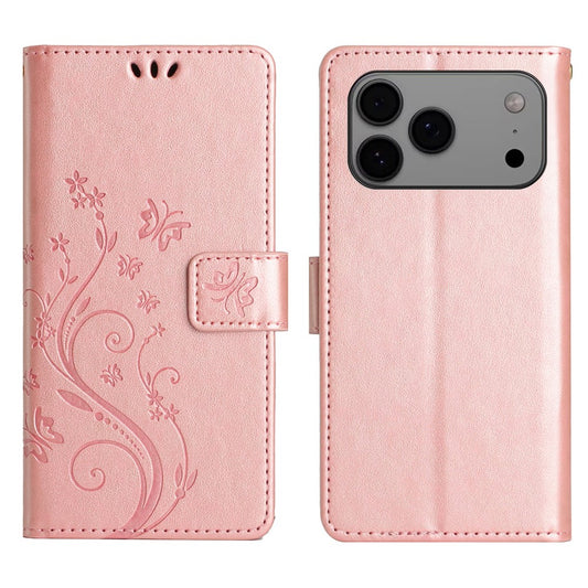 For iPhone 17 Pro Max Leather Wallet Case Butterfly Flower Imprinted Phone Cover with Strap