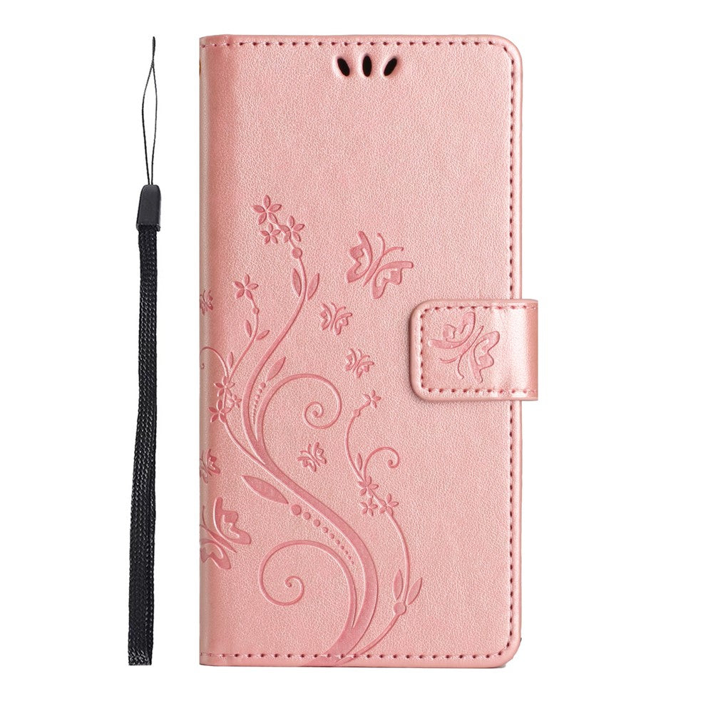 For iPhone 17 Pro Max Leather Wallet Case Butterfly Flower Imprinted Phone Cover with Strap