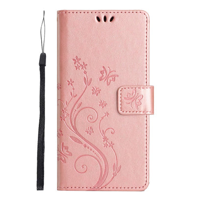 For iPhone 17 Pro Max Leather Wallet Case Butterfly Flower Imprinted Phone Cover with Strap