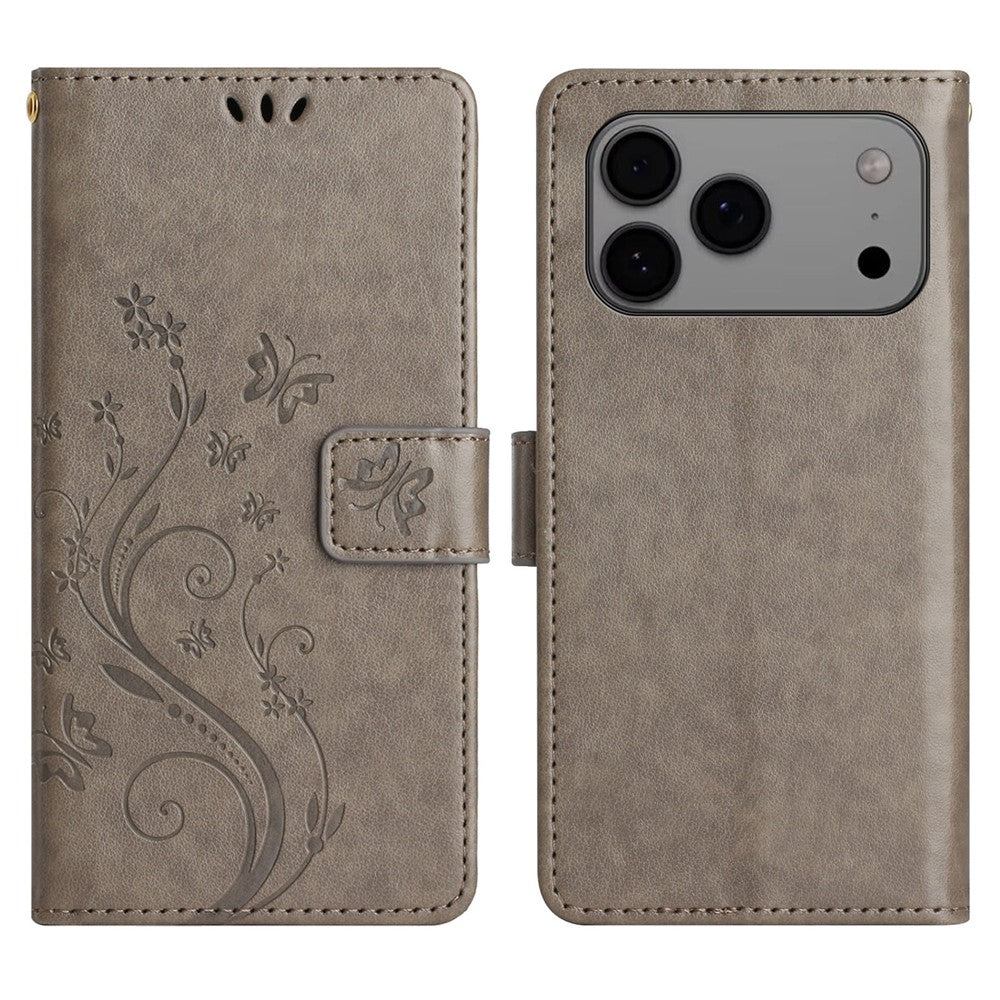For iPhone 17 Pro Max Leather Wallet Case Butterfly Flower Imprinted Phone Cover with Strap