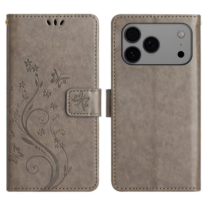 For iPhone 17 Pro Max Leather Wallet Case Butterfly Flower Imprinted Phone Cover with Strap