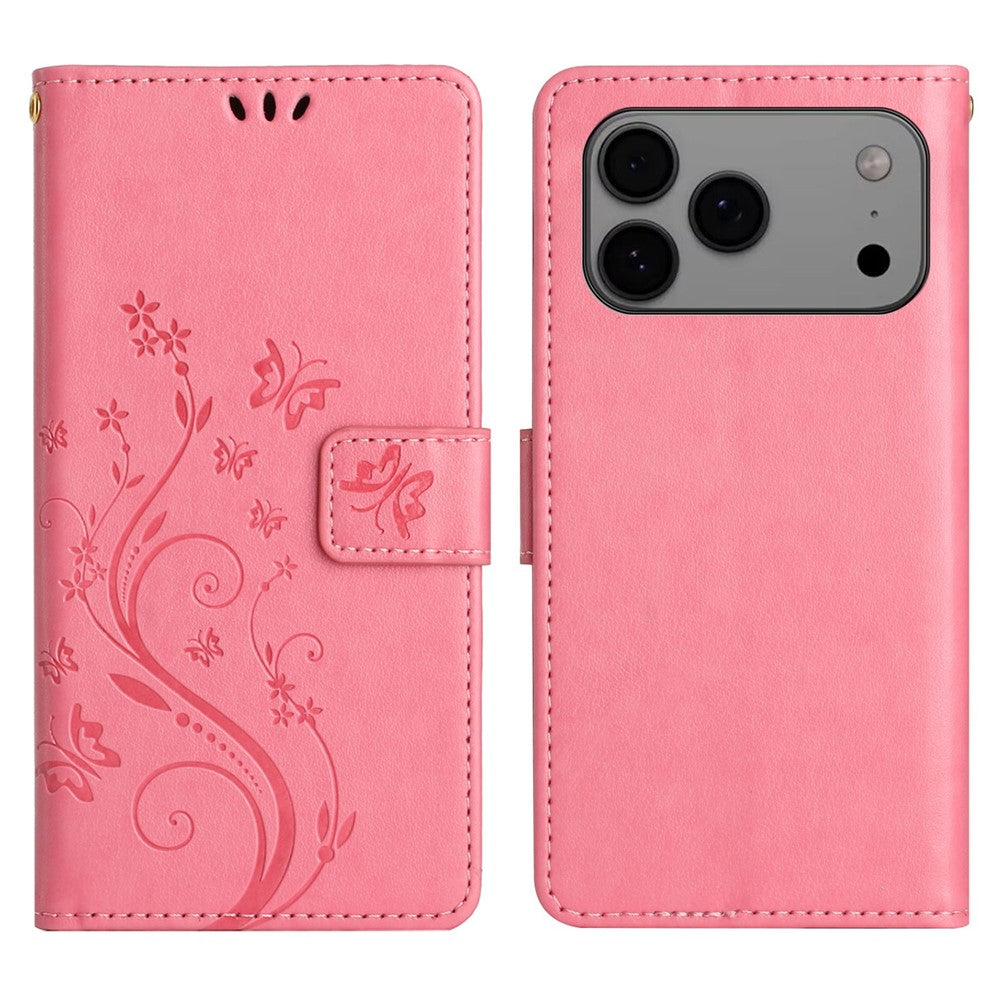 For iPhone 17 Pro Max Leather Wallet Case Butterfly Flower Imprinted Phone Cover with Strap