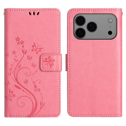 For iPhone 17 Pro Max Leather Wallet Case Butterfly Flower Imprinted Phone Cover with Strap