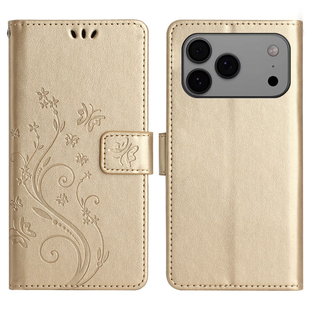 For iPhone 17 Pro Max Leather Wallet Case Butterfly Flower Imprinted Phone Cover with Strap