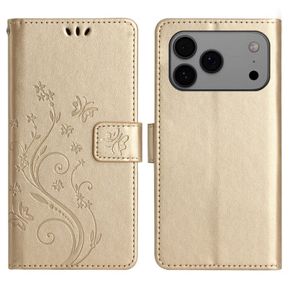 For iPhone 17 Pro Max Leather Wallet Case Butterfly Flower Imprinted Phone Cover with Strap