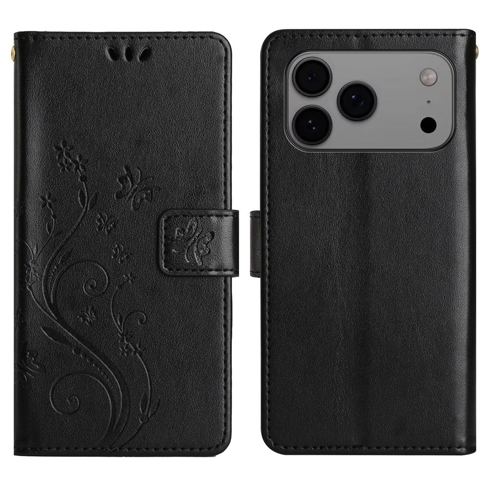 For iPhone 17 Pro Max Leather Wallet Case Butterfly Flower Imprinted Phone Cover with Strap