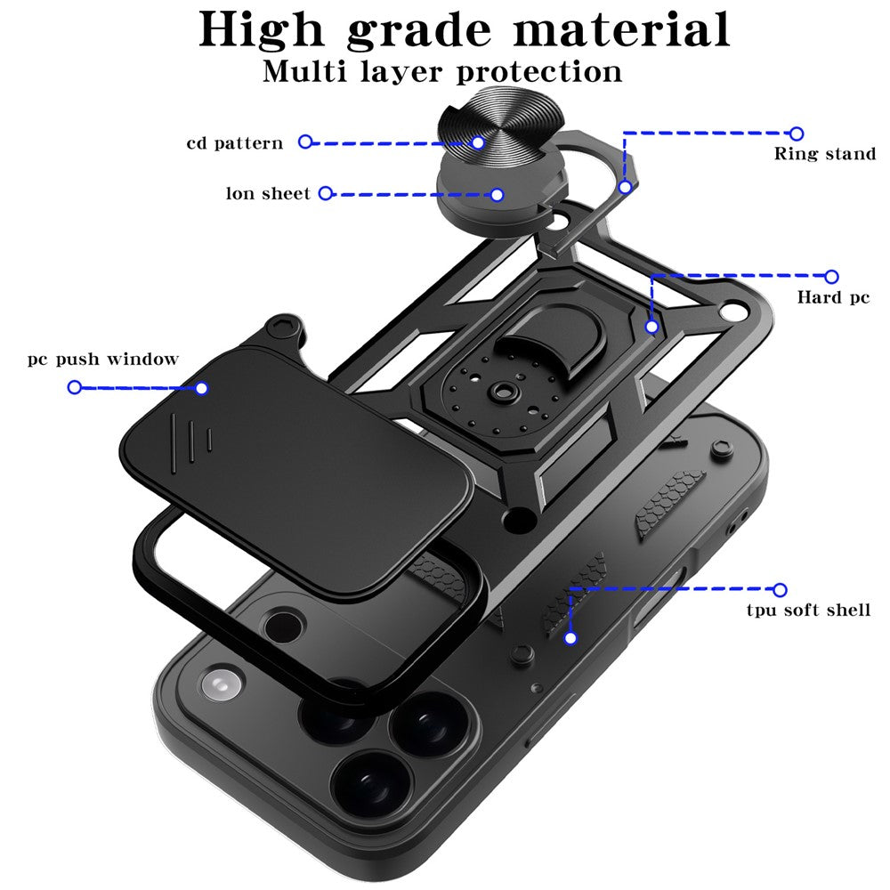 For iPhone 17 Pro Max Case with Slide Camera Lid PC + TPU Kickstand Phone Cover