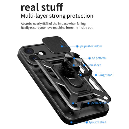 For iPhone 17 Case with Slide Camera Lid PC + TPU Kickstand Phone Cover