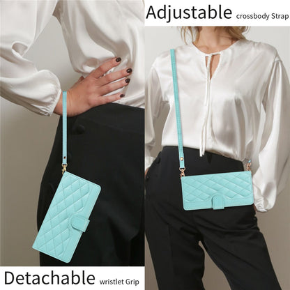 For iPhone 17 Wallet Case Rhombus Leather Phone Cover with Strap
