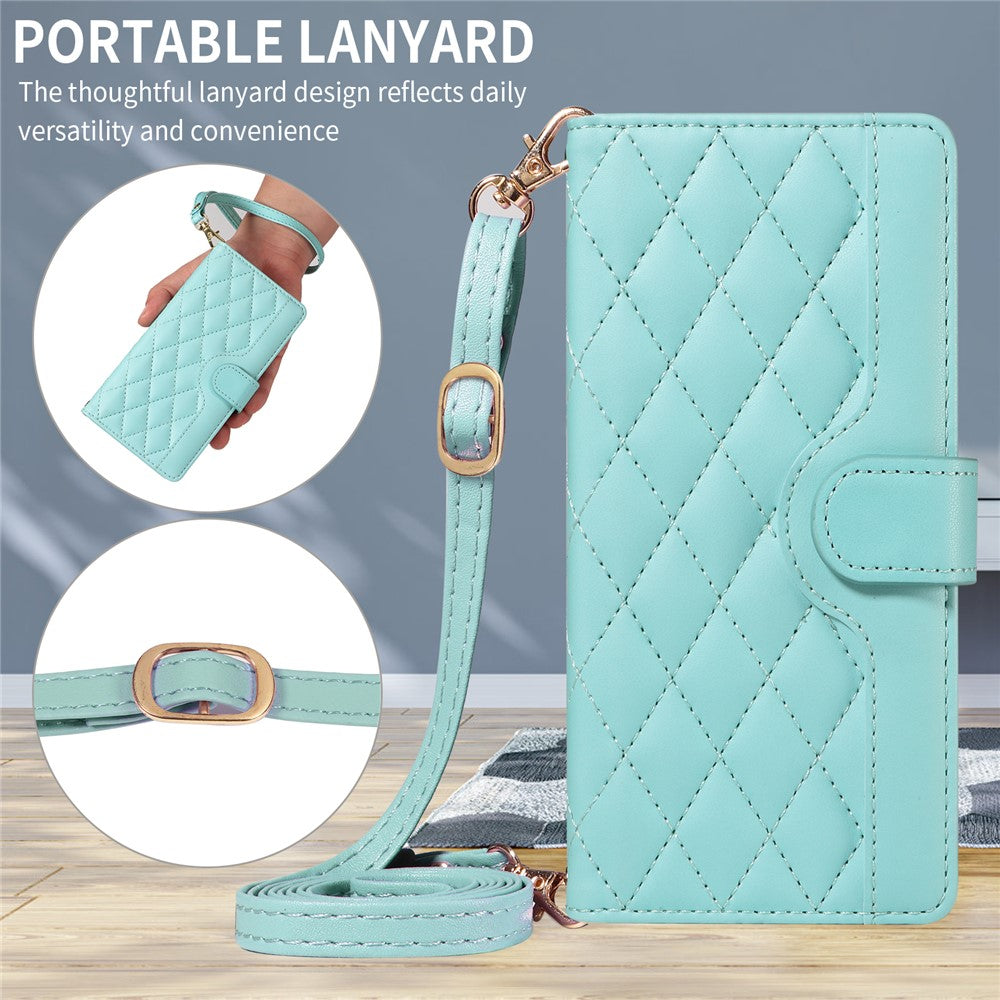 For iPhone 17 Wallet Case Rhombus Leather Phone Cover with Strap