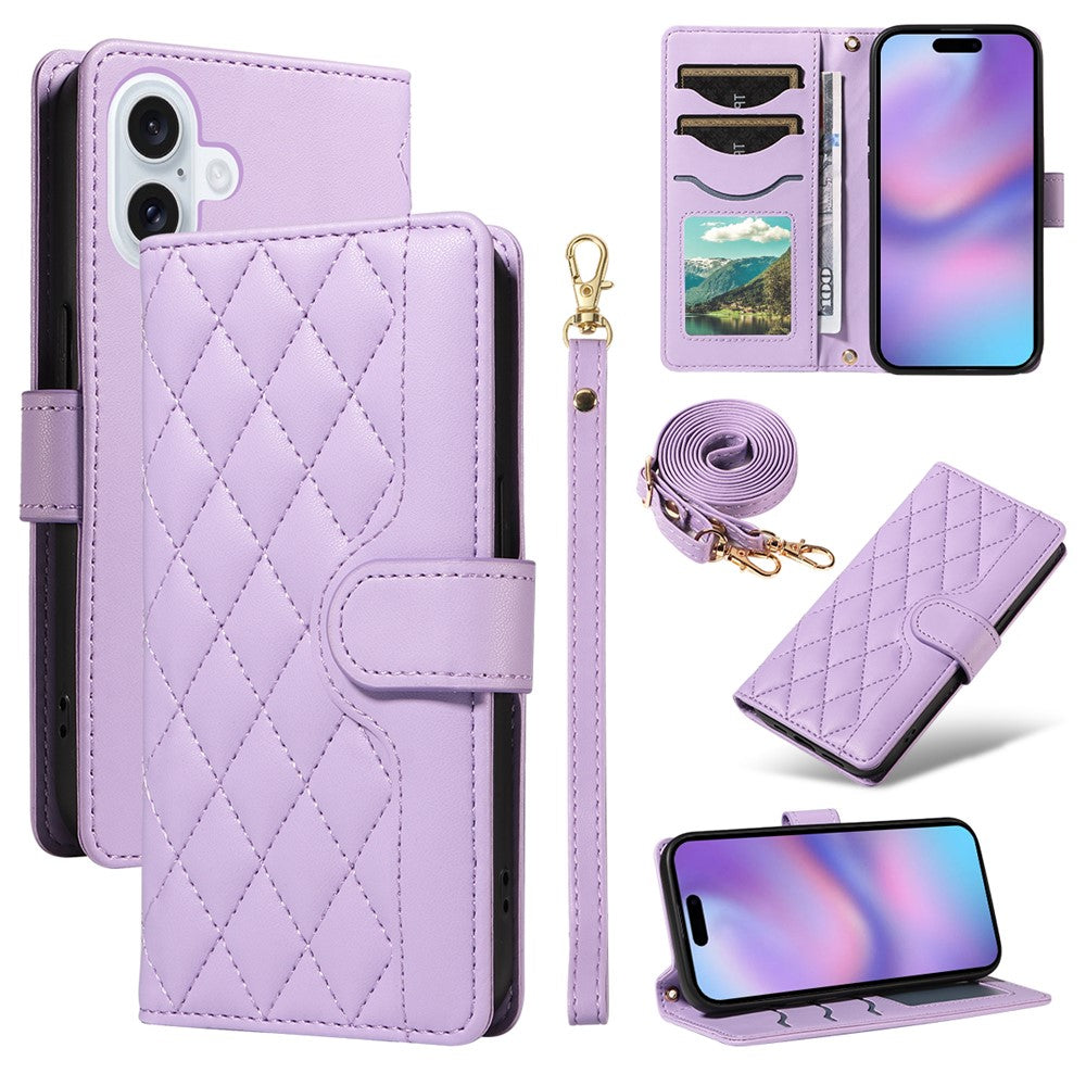 For iPhone 17 Wallet Case Rhombus Leather Phone Cover with Strap