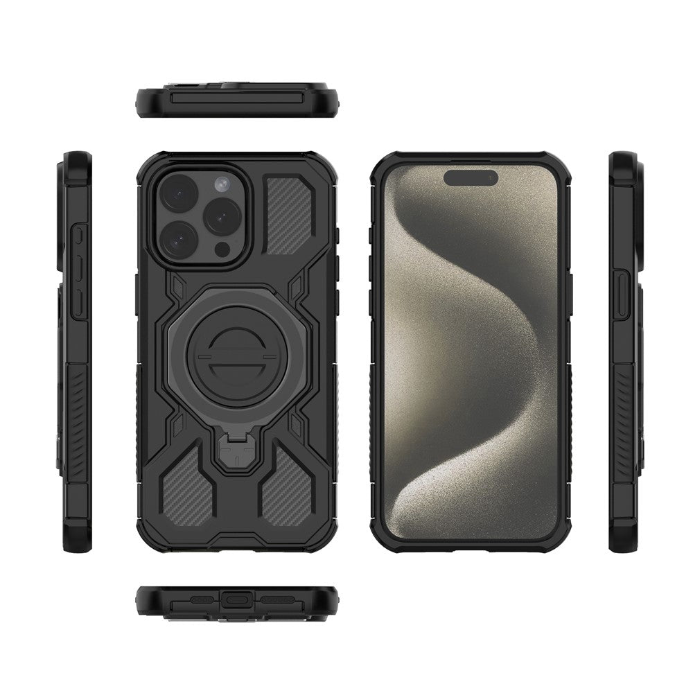 For iPhone 15 Pro Magnetic Case Rotating Metal Kickstand Shockproof PC + TPU Phone Back Cover