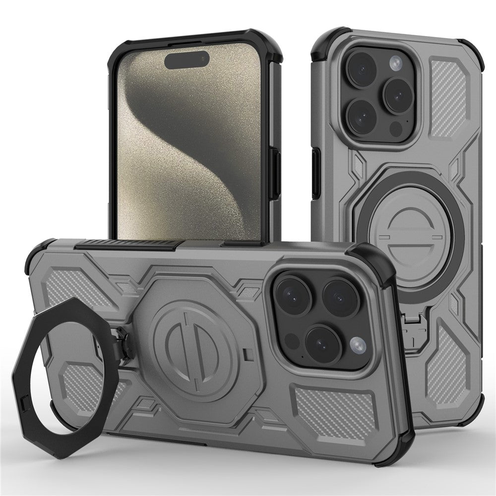 For iPhone 15 Pro Magnetic Case Rotating Metal Kickstand Shockproof PC + TPU Phone Back Cover