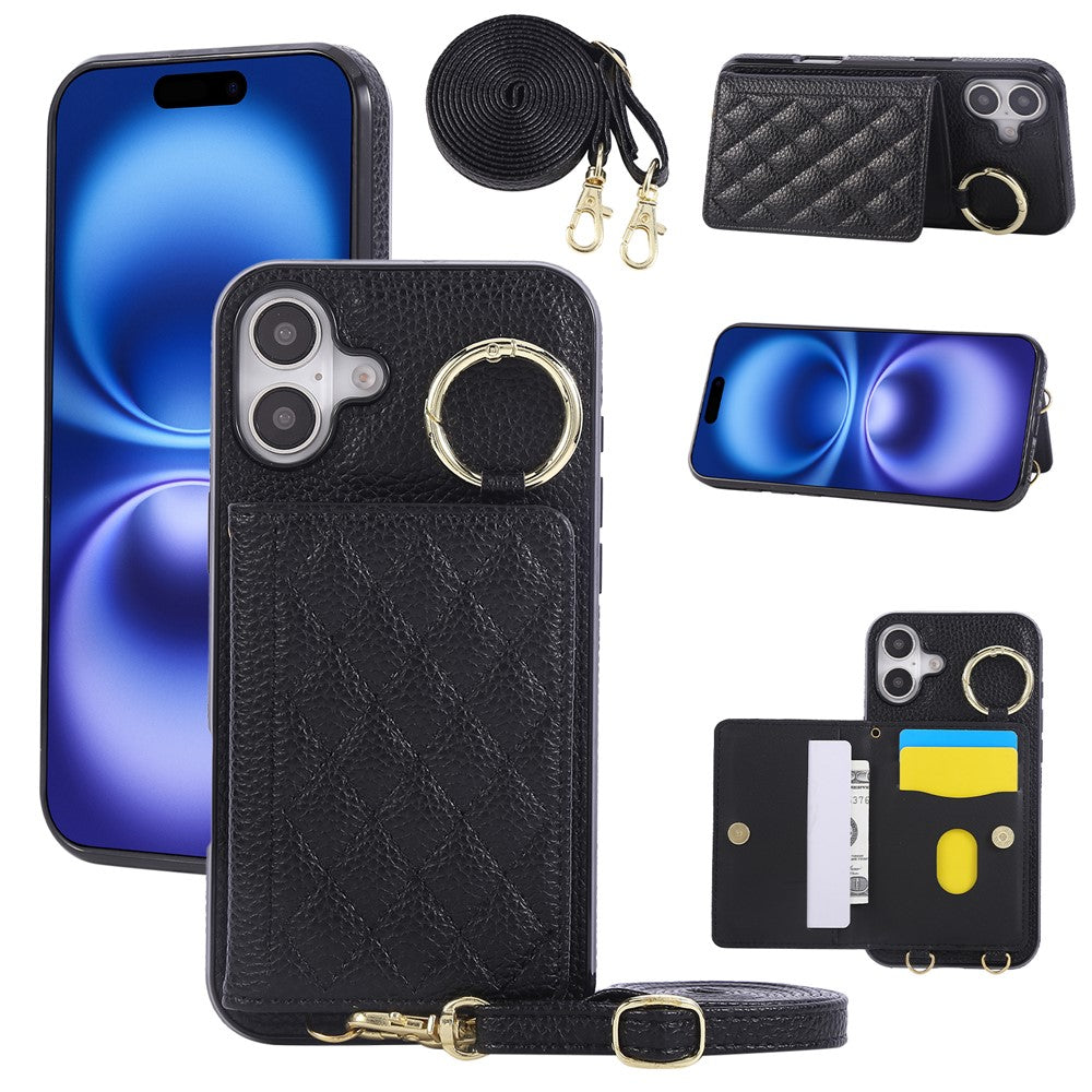 For iPhone 16 Case Kickstand Rhombus Leather + TPU Phone Cover with Shoulder Strap