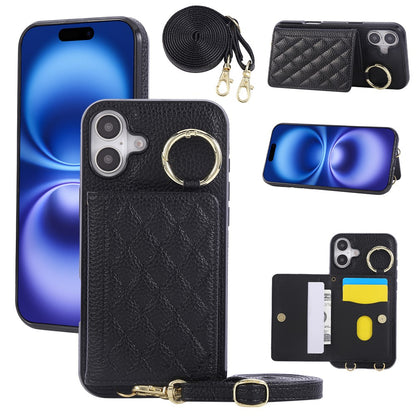 For iPhone 16 Case Kickstand Rhombus Leather + TPU Phone Cover with Shoulder Strap