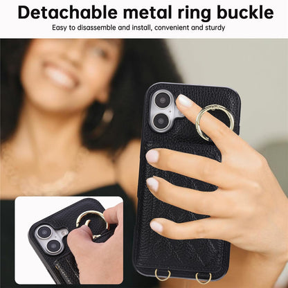 For iPhone 16 Case Kickstand Rhombus Leather + TPU Phone Cover with Shoulder Strap