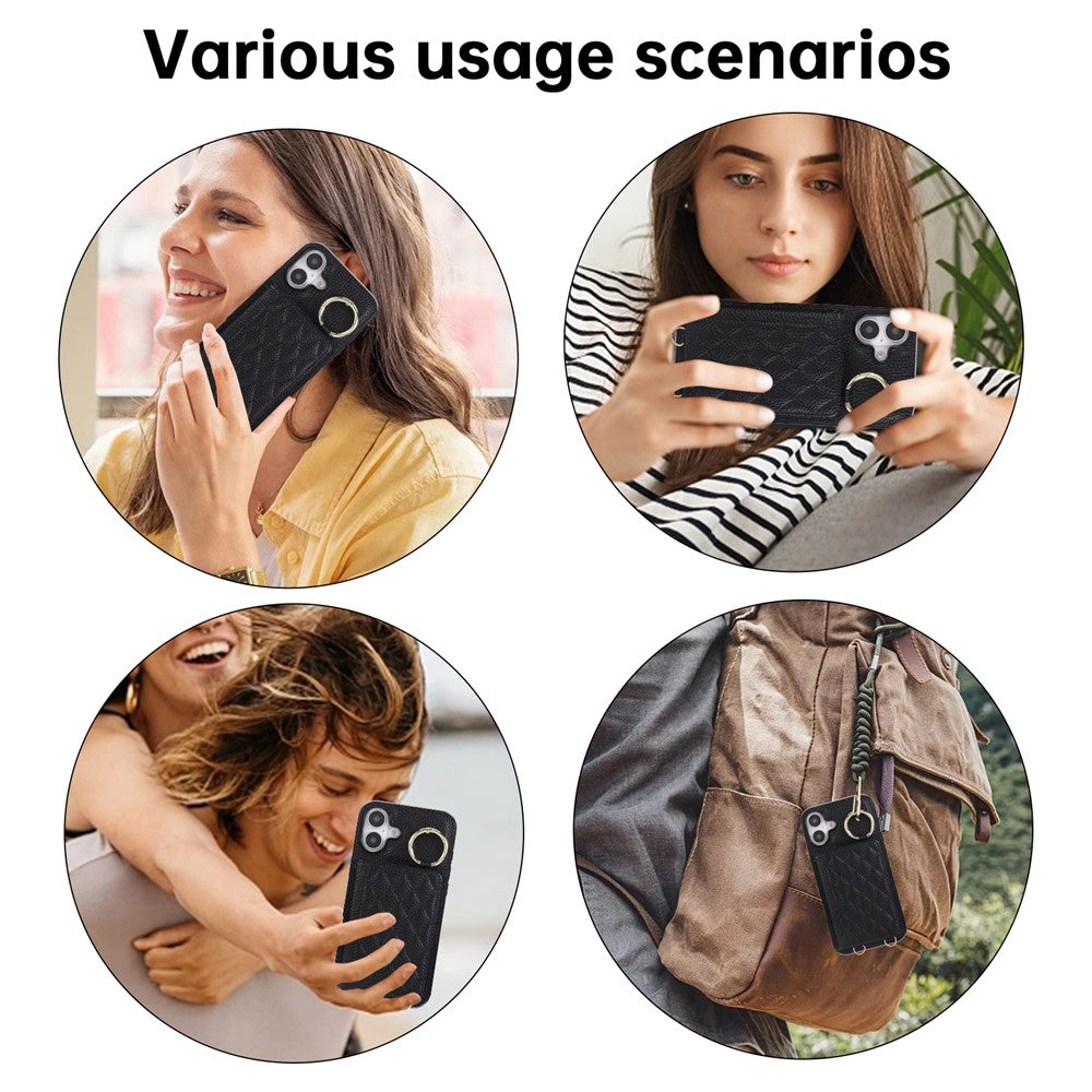 For iPhone 16 Case Kickstand Rhombus Leather + TPU Phone Cover with Shoulder Strap