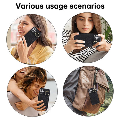 For iPhone 16 Case Kickstand Rhombus Leather + TPU Phone Cover with Shoulder Strap