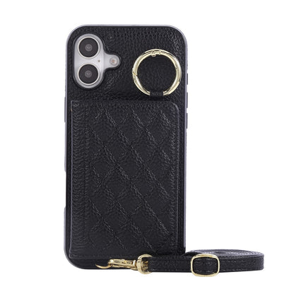 For iPhone 16 Case Kickstand Rhombus Leather + TPU Phone Cover with Shoulder Strap
