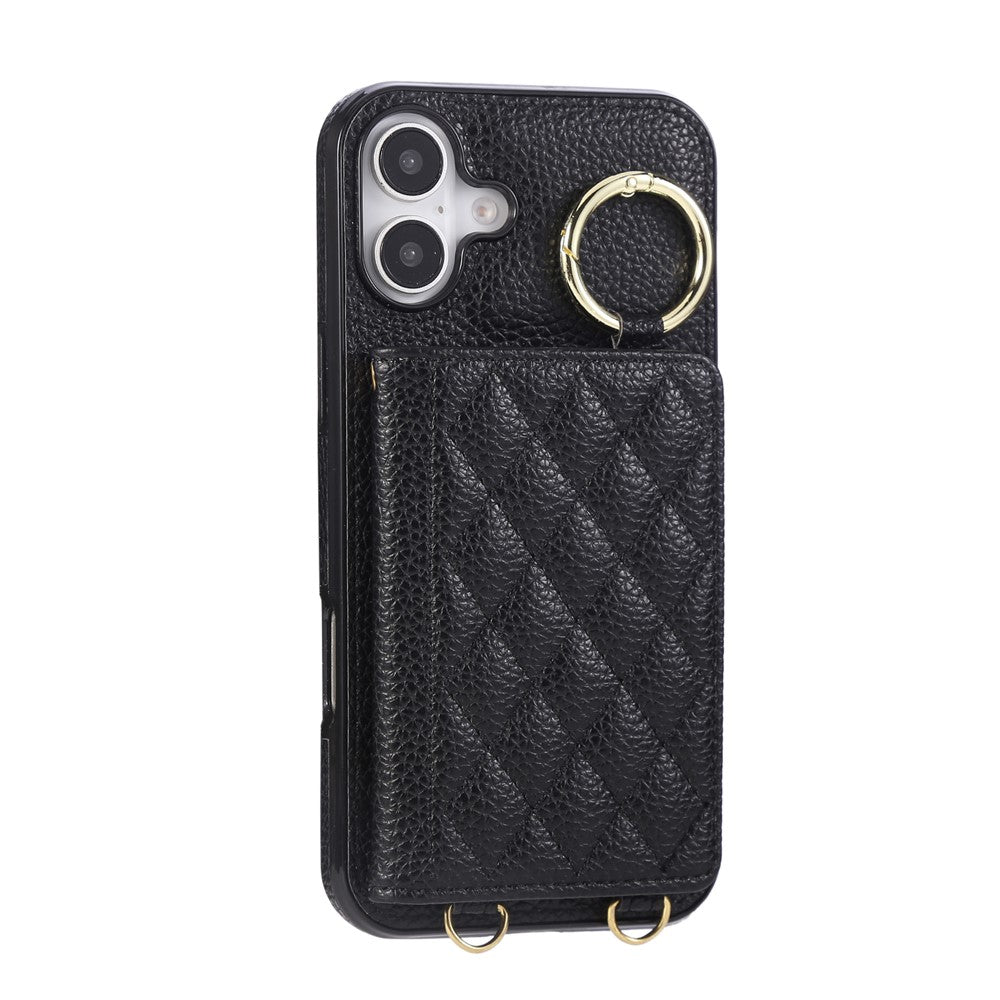 For iPhone 16 Case Kickstand Rhombus Leather + TPU Phone Cover with Shoulder Strap