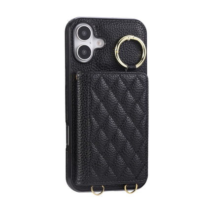 For iPhone 16 Case Kickstand Rhombus Leather + TPU Phone Cover with Shoulder Strap