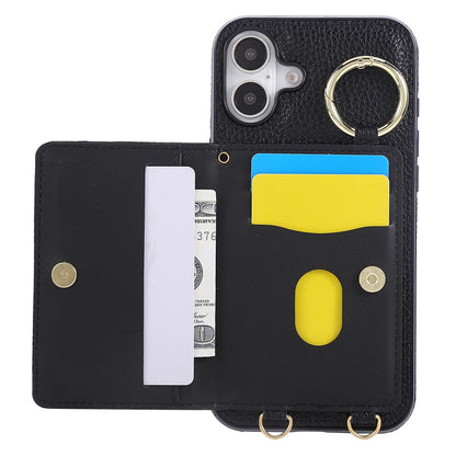For iPhone 16 Case Kickstand Rhombus Leather + TPU Phone Cover with Shoulder Strap