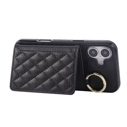 For iPhone 16 Case Kickstand Rhombus Leather + TPU Phone Cover with Shoulder Strap