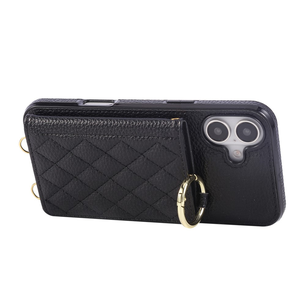 For iPhone 16 Case Kickstand Rhombus Leather + TPU Phone Cover with Shoulder Strap