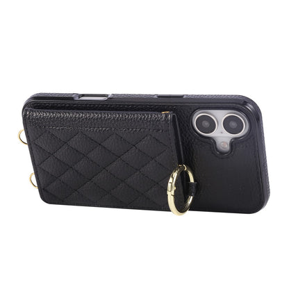 For iPhone 16 Case Kickstand Rhombus Leather + TPU Phone Cover with Shoulder Strap