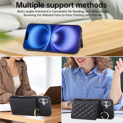 For iPhone 16 Case Kickstand Rhombus Leather + TPU Phone Cover with Shoulder Strap