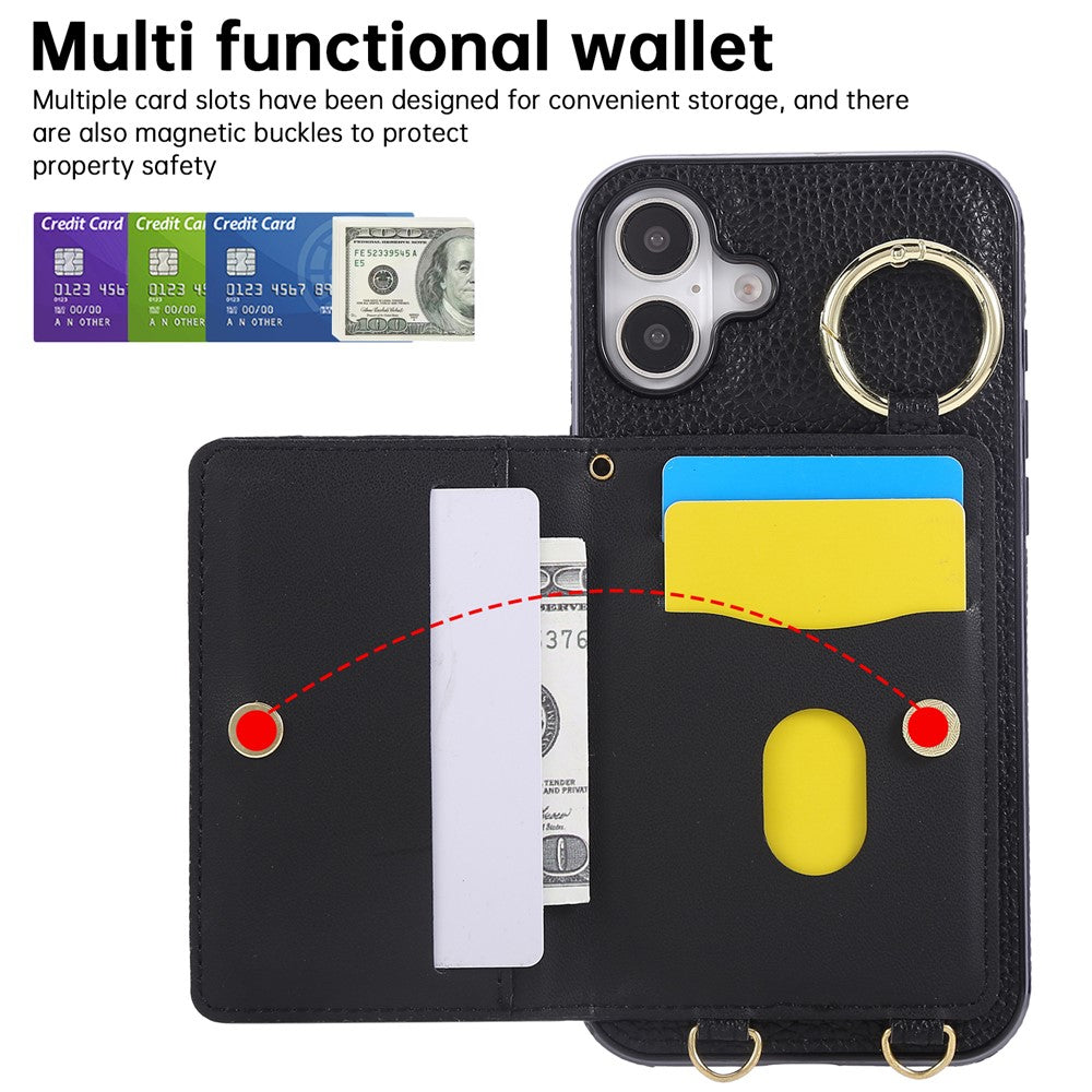 For iPhone 16 Case Kickstand Rhombus Leather + TPU Phone Cover with Shoulder Strap
