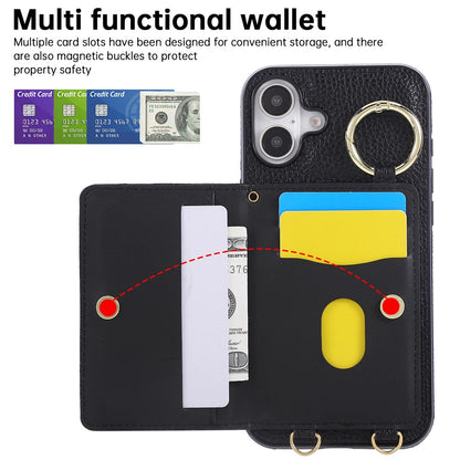 For iPhone 16 Case Kickstand Rhombus Leather + TPU Phone Cover with Shoulder Strap
