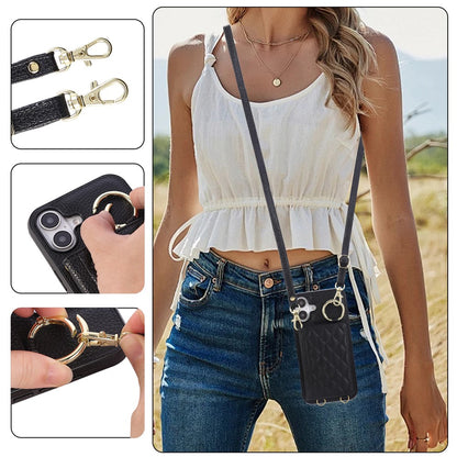 For iPhone 16 Case Kickstand Rhombus Leather + TPU Phone Cover with Shoulder Strap