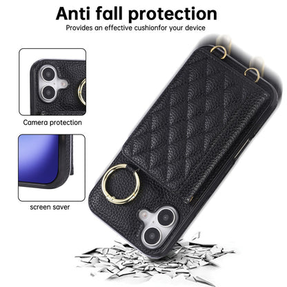 For iPhone 16 Case Kickstand Rhombus Leather + TPU Phone Cover with Shoulder Strap