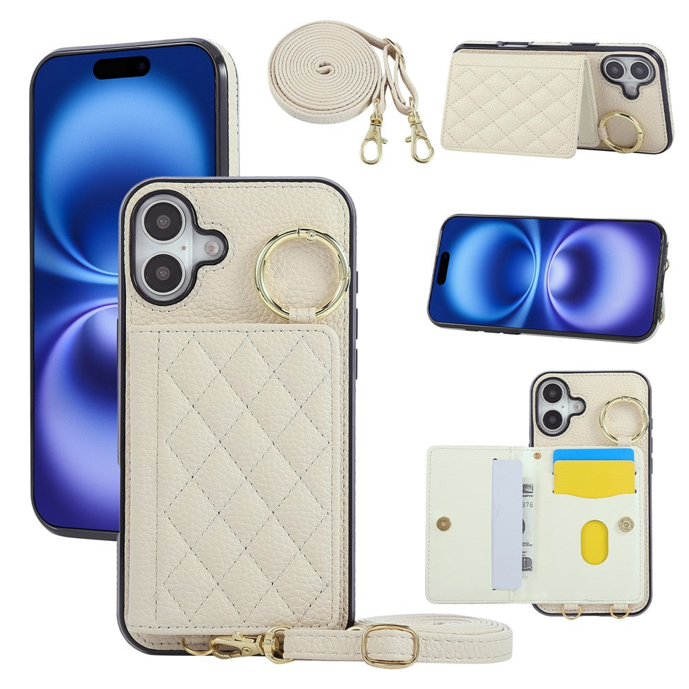 For iPhone 16 Case Kickstand Rhombus Leather + TPU Phone Cover with Shoulder Strap
