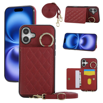 For iPhone 16 Case Kickstand Rhombus Leather + TPU Phone Cover with Shoulder Strap