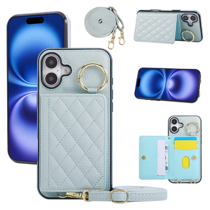 For iPhone 16 Case Kickstand Rhombus Leather + TPU Phone Cover with Shoulder Strap