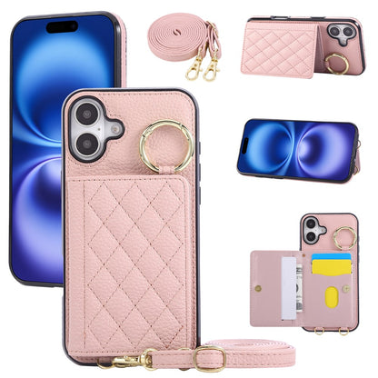 For iPhone 16 Case Kickstand Rhombus Leather + TPU Phone Cover with Shoulder Strap
