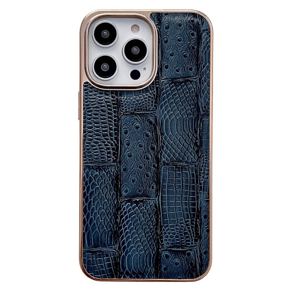 For iPhone 14 Pro Max Anti-dust Nano Electroplating Mahjong Texture Cell Phone Back Cover Genuine Cowhide Leather+PC+TPU Phone Case
