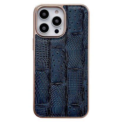 For iPhone 14 Pro Max Anti-dust Nano Electroplating Mahjong Texture Cell Phone Back Cover Genuine Cowhide Leather+PC+TPU Phone Case