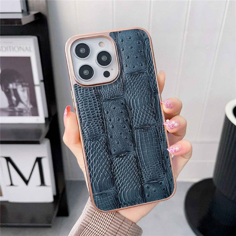 For iPhone 14 Pro Max Anti-dust Nano Electroplating Mahjong Texture Cell Phone Back Cover Genuine Cowhide Leather+PC+TPU Phone Case
