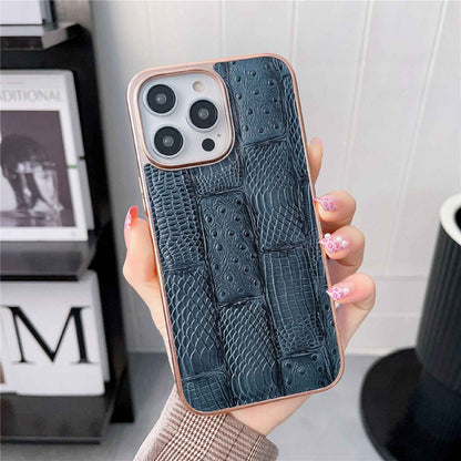 For iPhone 14 Pro Max Anti-dust Nano Electroplating Mahjong Texture Cell Phone Back Cover Genuine Cowhide Leather+PC+TPU Phone Case